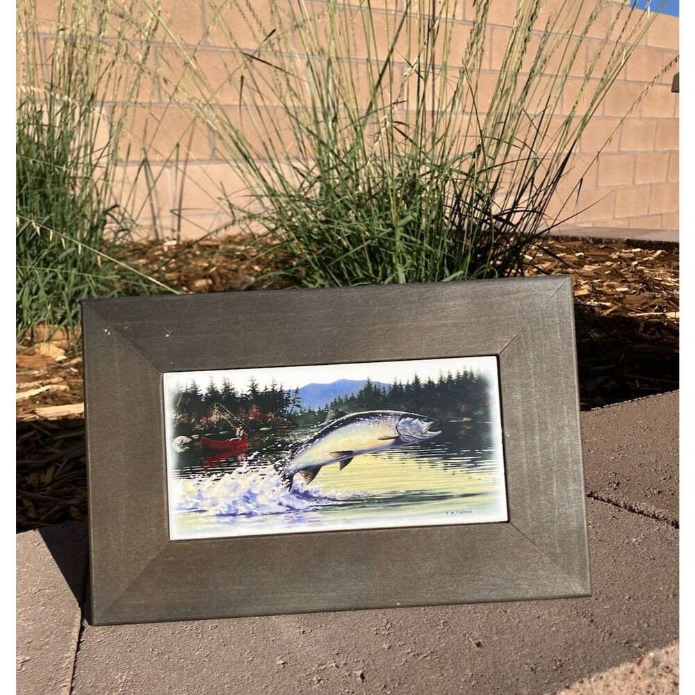 VTG F.W. Thomas Salmon Fishing Ceramic Tile Art Framed Canoe 11.5”